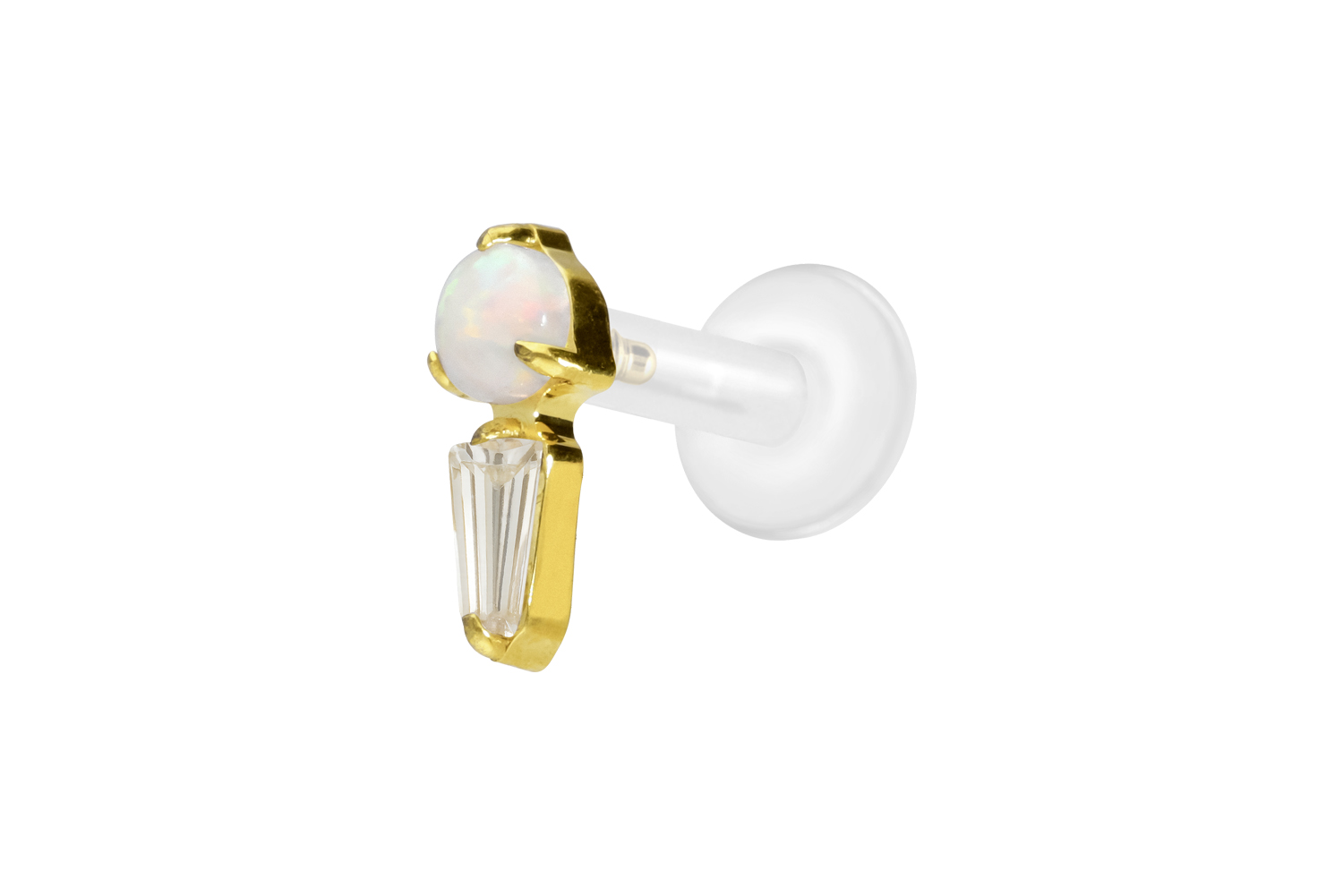PTFE Labret Piercing mit Innengewinde + Titan-Aufsatz SYNTHETISCHER OPAL + KRISTALLRECHTECK